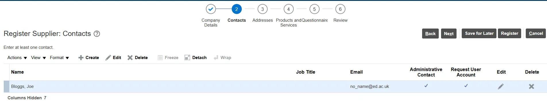 Image of Contacts screen on the supplier portal