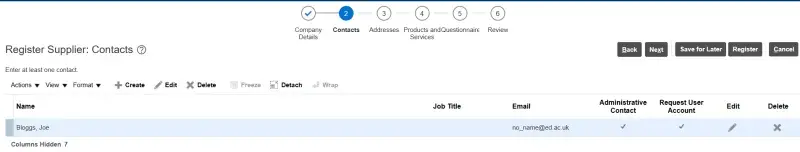 Image of Contacts screen on the supplier portal