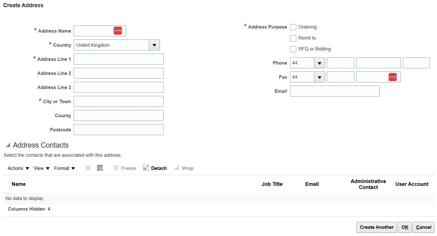 Image of Create Address screen on the supplier portal