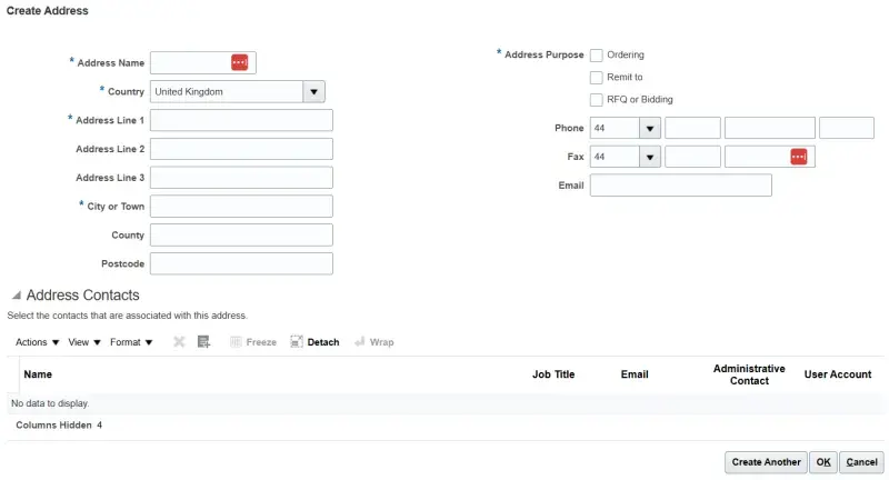 Image of Create Address screen on the supplier portal