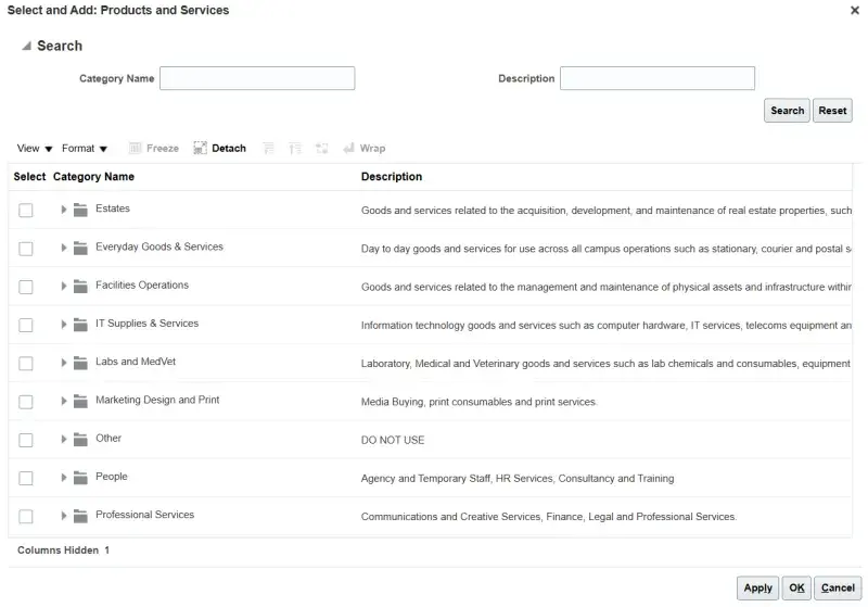 Image of Products and Services screen on the supplier portal