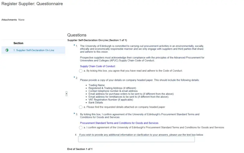 Image of Questionnaire screen on the supplier portal