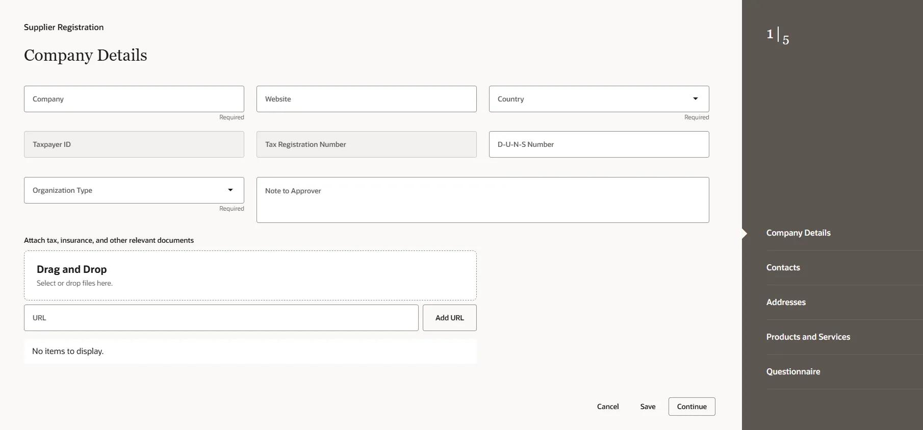 Supplier Registration Company Details screen