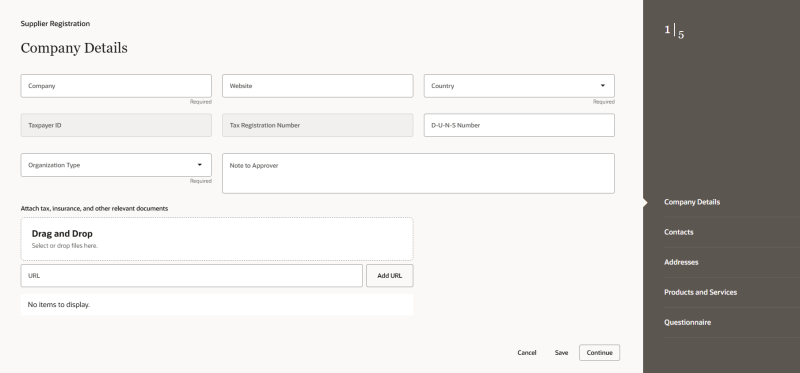 Supplier Registration Company Details screen