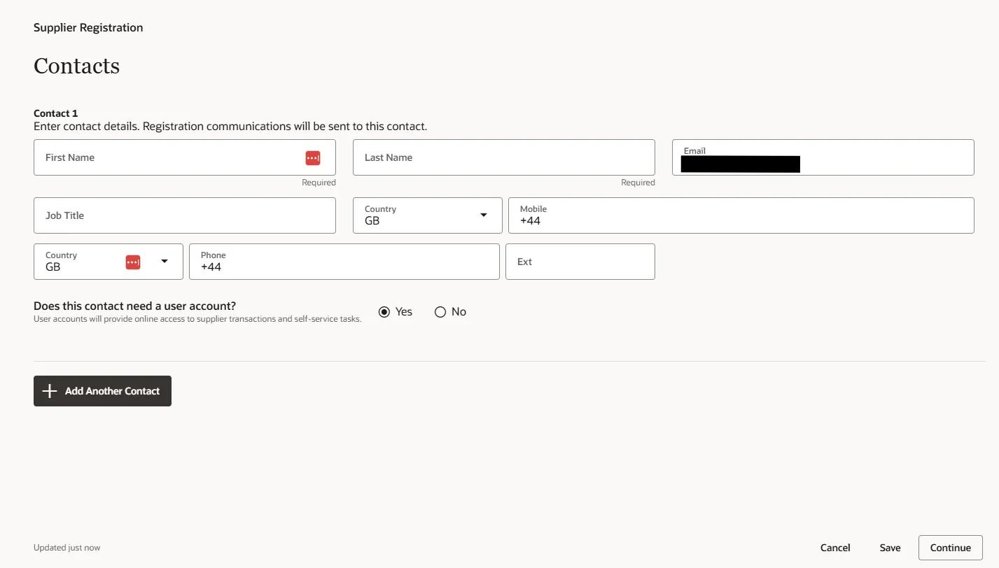 Contacts Screen for Supplier Registration. First and Last name required against initial contact. First Name, Last Name and email required for additional contacts. 