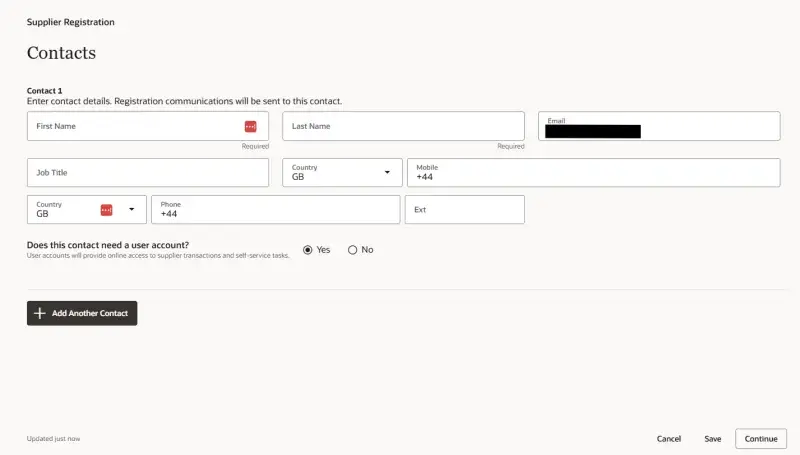 Contacts Screen for Supplier Registration. First and Last name required against initial contact. First Name, Last Name and email required for additional contacts. 