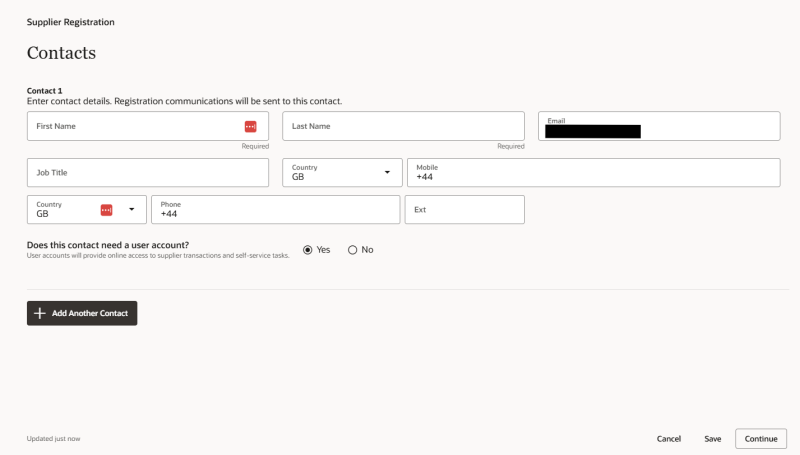 Contacts Screen for Supplier Registration. First and Last name required against initial contact. First Name, Last Name and email required for additional contacts. 