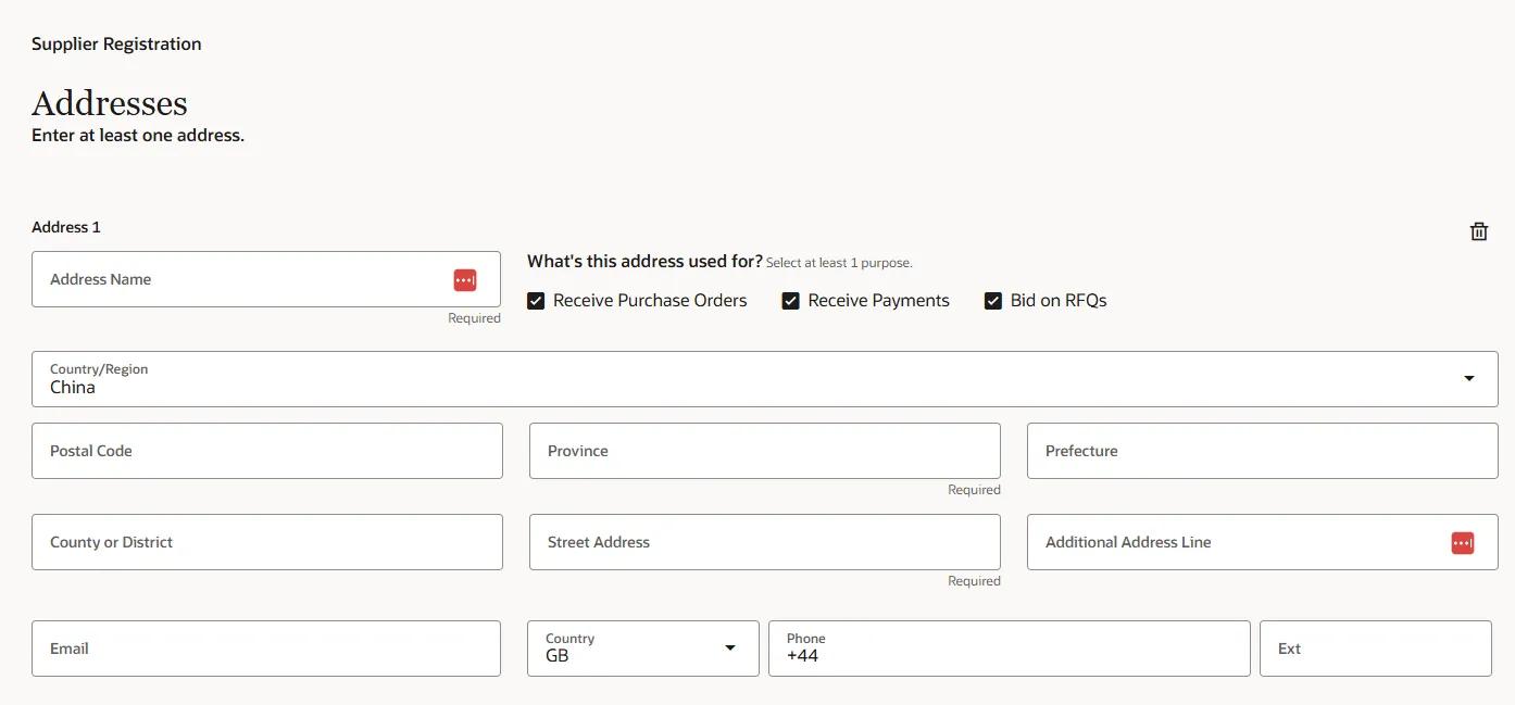 Addresses screen for Supplier Registration