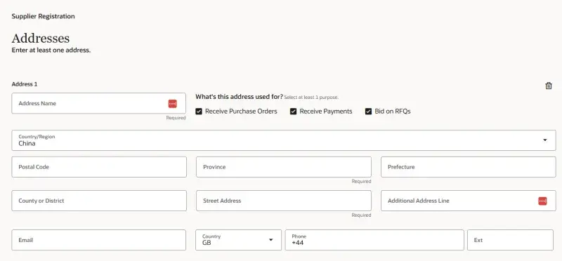 Addresses screen for Supplier Registration