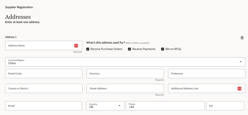 Addresses screen for Supplier Registration
