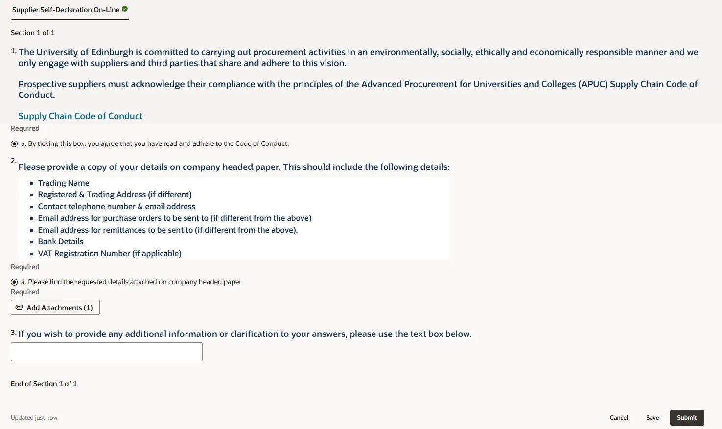 Questionnaire section of supplier portal 