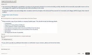 Questionnaire section of supplier portal 